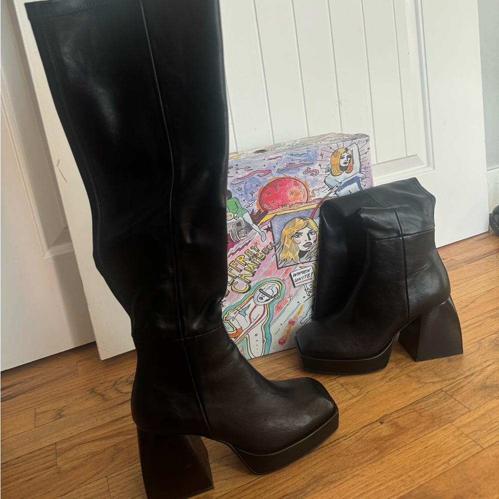 Jeffrey Campbell “Dauphin”  Black Leather Block Heel Boots size8 - Picture 4 of 5